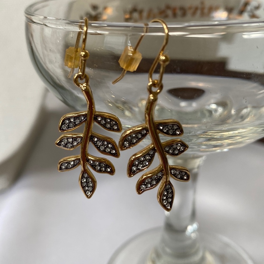 Small dainty fern leaf earrings with rhinestones